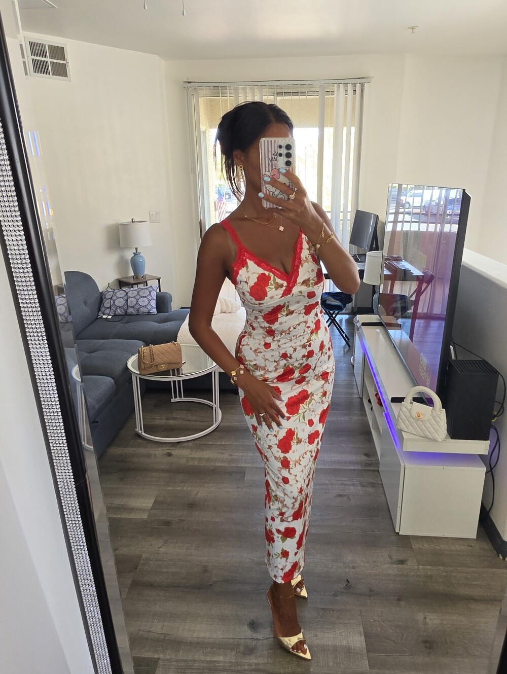 Floral Red and White Slip Midi Dress - Women - Picture 7 of 17